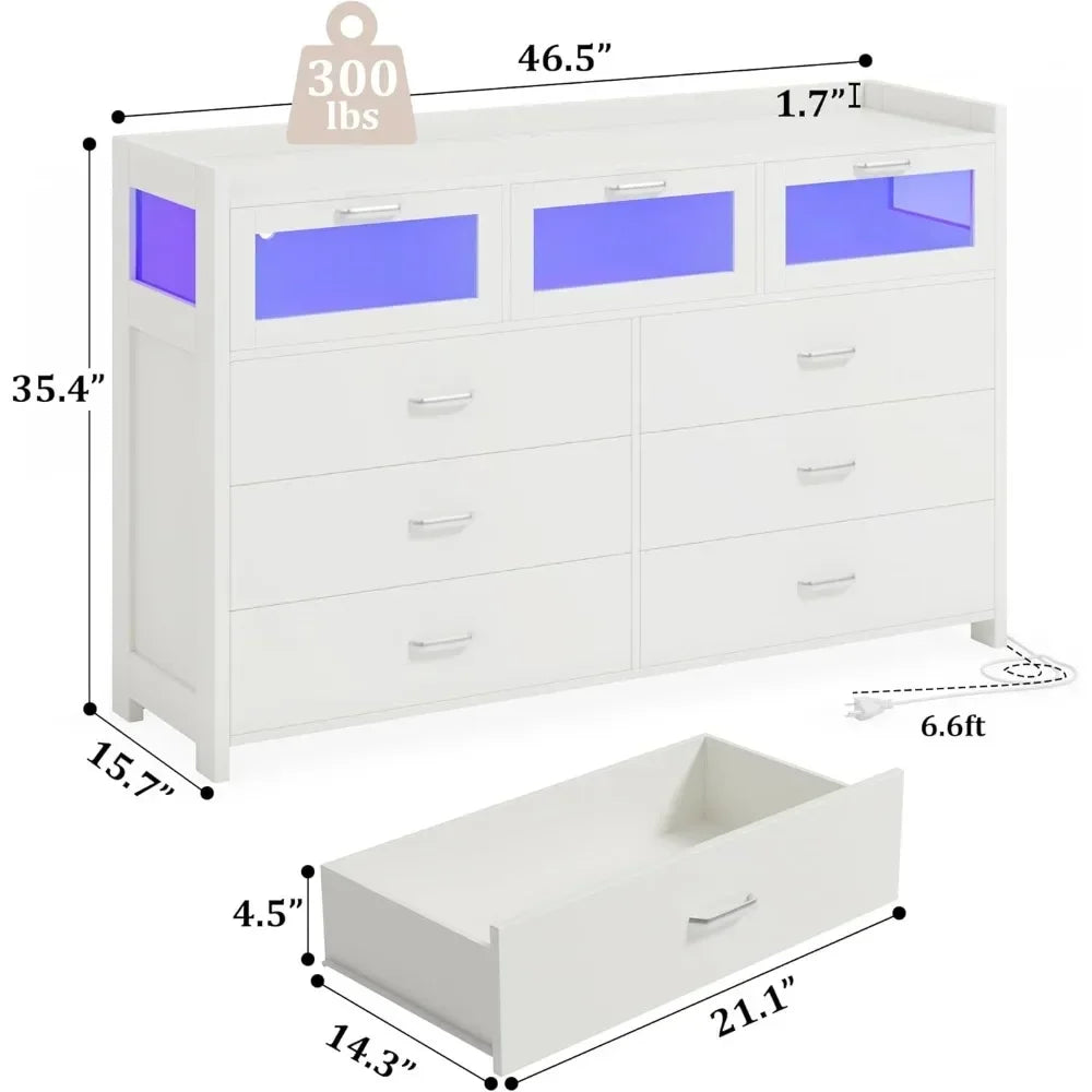 Dresser, LED Light with Charging Station, Storage Cabinet, 9 Drawer