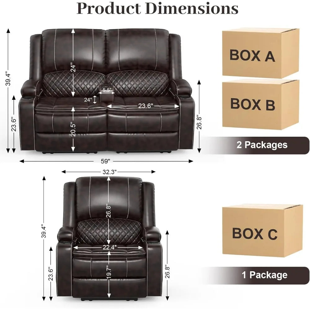Living Room, 2 Seater Reclining Loveseat Leather with Removable Console