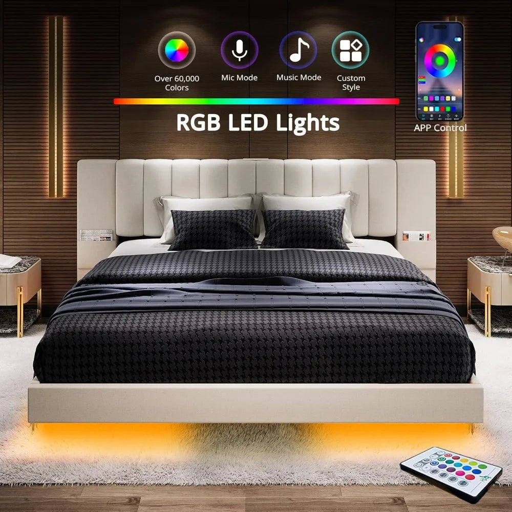 Floating Bed Frame King Size with Wide Padded Headboard & LED Lights & Charging Station, Modern