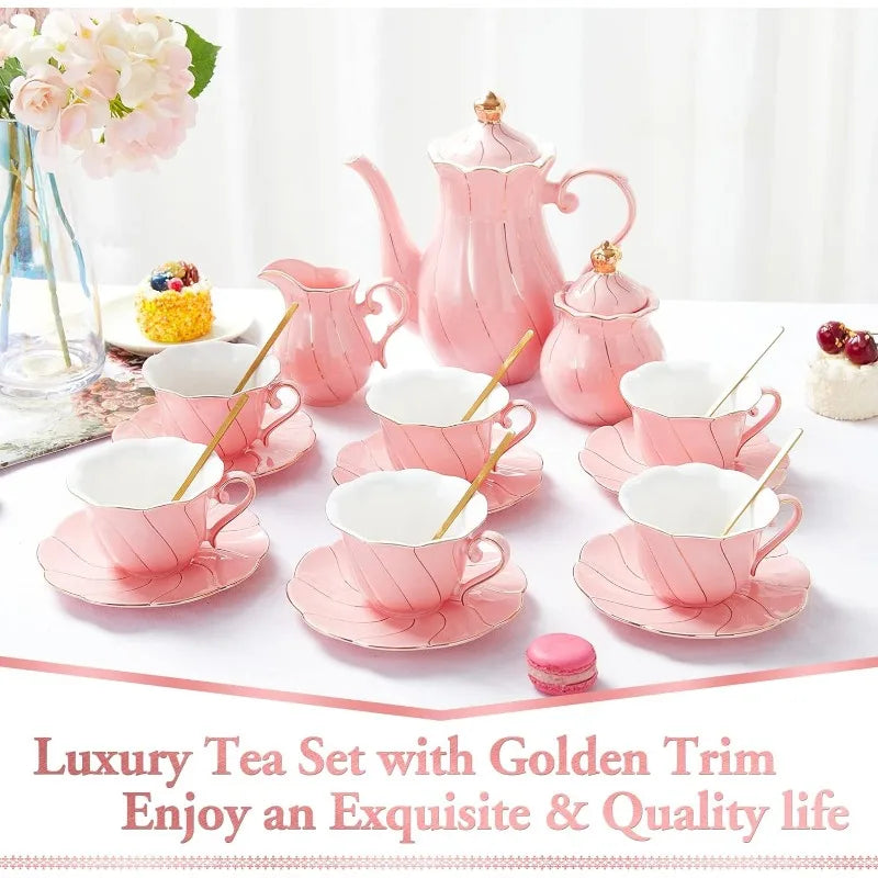 White Porcelain Tea Set for 6, Luxury British Style Tea/Coffee Cup Set with Golden Trim, Beautiful Tea Set for Women,