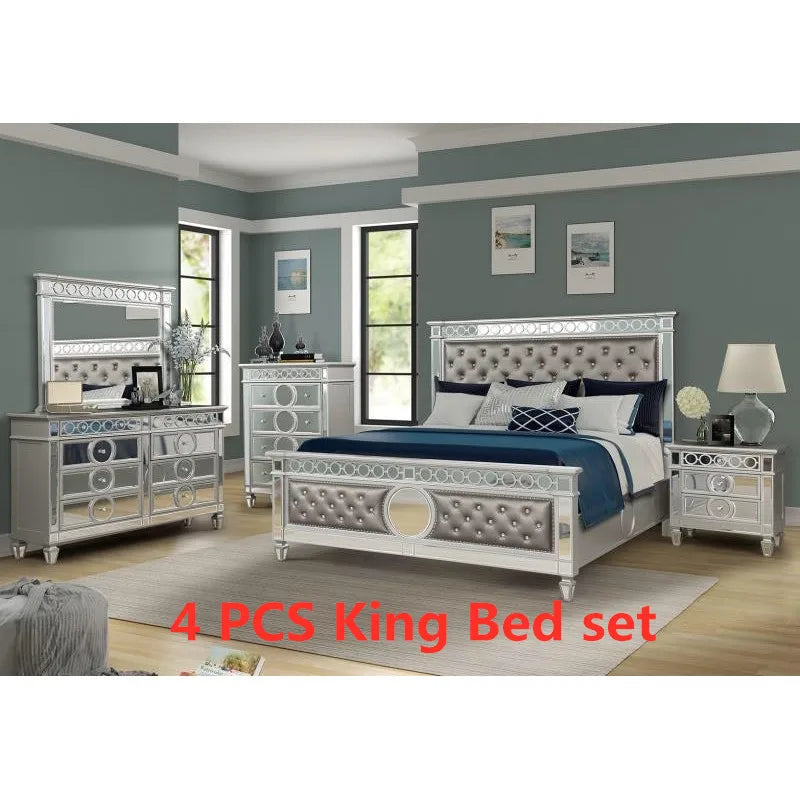 Mirrored 4 PCS  Queen/King Bed includ（ Queen/King Bed + 1 Nightstand + Dresser + Mirror）