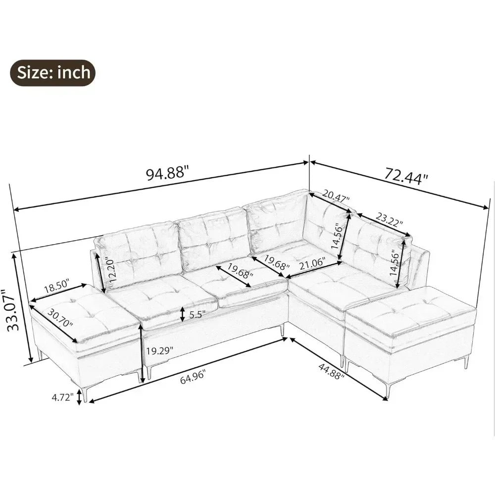 Faux Leather Sectional Sofa with Chaise Lounge, Storage Ottoman, L Shape Couches for Living Room Furniture Sets