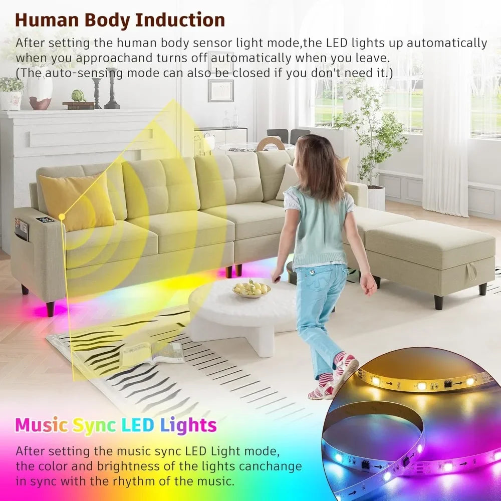 LED Sectional Couches for Living Room, Modular Sectional Sofa Set with Storage