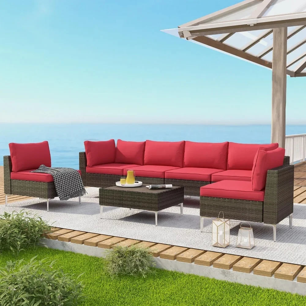 Outdoor Courtyard Furniture Set, 7-piece Outdoor Combination Sofa PE Rattan Willow Courtyard Reception Set