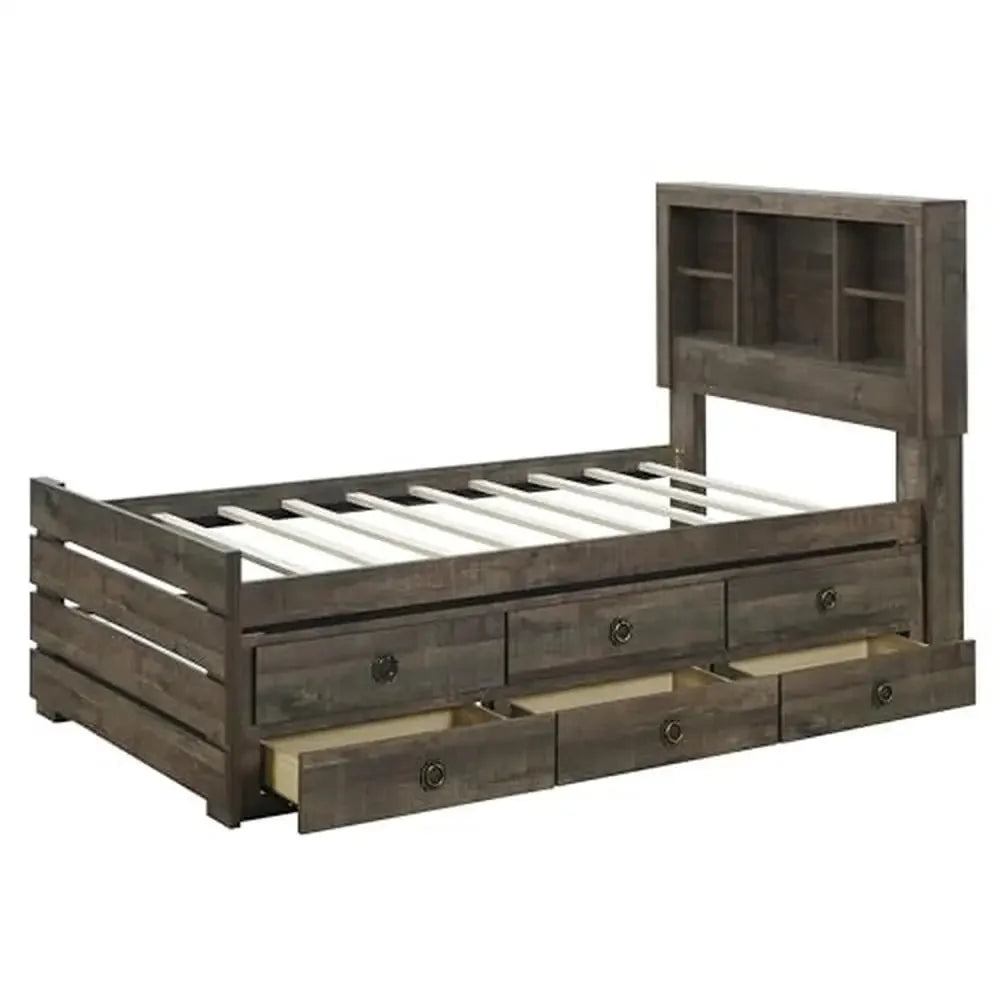 Twin Size Captain Bed with Bookcase Wood Platform Frame Three Drawers Trundle Bedroom/Guestroom Rustic Style Rustic Brown