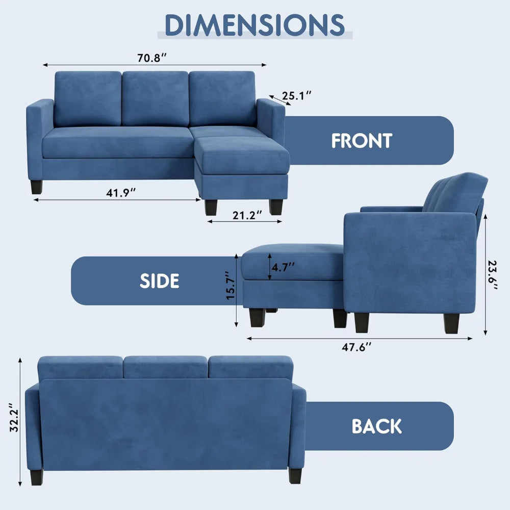 Convertible Sectional 3 L-Shaped Couch Soft Seat with Modern Linen Fabric, Small Space Sofas for Living Room