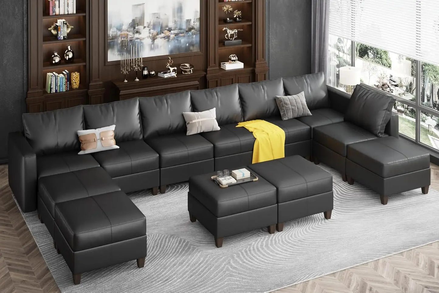 verbized Sectional Sofa Modular Couch with Reversible Chaises, Black Faux Leather