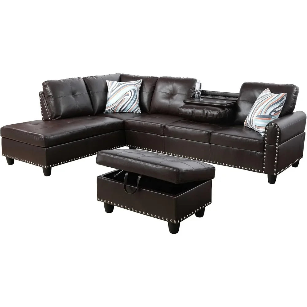 Sofas with Storage Ottoman and Cup Holders, Wide Convertible Upholstered Couch, L Shaped Sofas