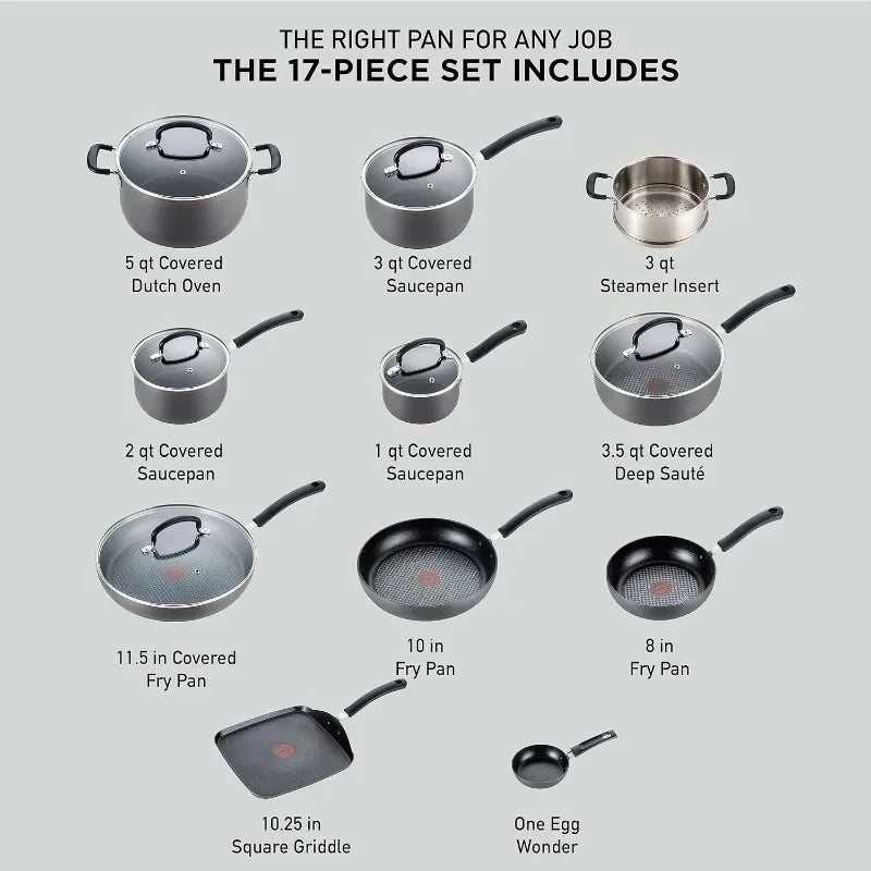 T-fal Ultimate Hard Anodized Nonstick Cookware Set 17 Piece Oven Safe 400F, Lid Safe