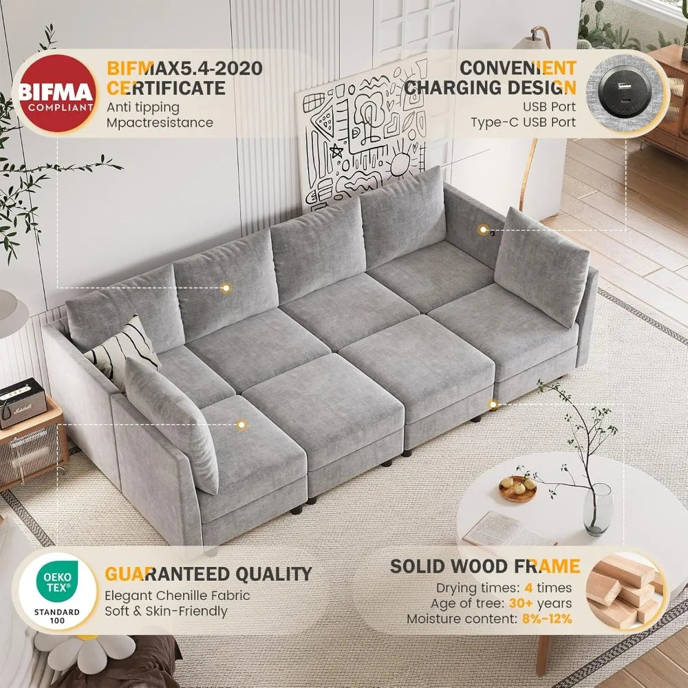 Sectional Sleeper Sofa, 8 Seats Modular Convertible Sofa Bed Couch with Storage Ottomans, with Charging Station