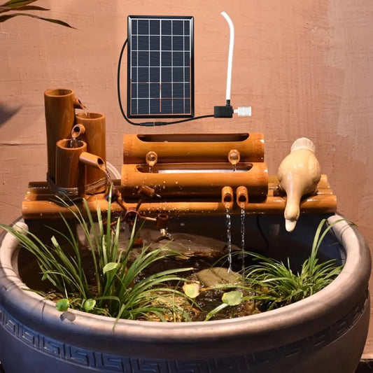Bamboo Fountain Kit with Water Pump and Solar Fountain, Water Wheel, Feng Shui Zen, 12 Inch