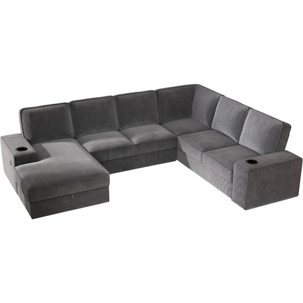 U Shaped Sofa with USB ports, Sectional Sofa Couch with Storage Chaise, Corduroy Grey