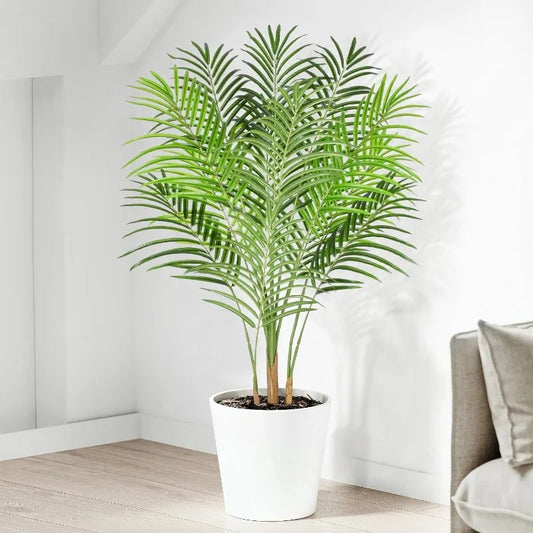 Artificial Palm Tree 4ft Tall Fake Indoor Decor with 13 Trunks and Real Bark Design Faux Tropical Areca Silk Floor Plant