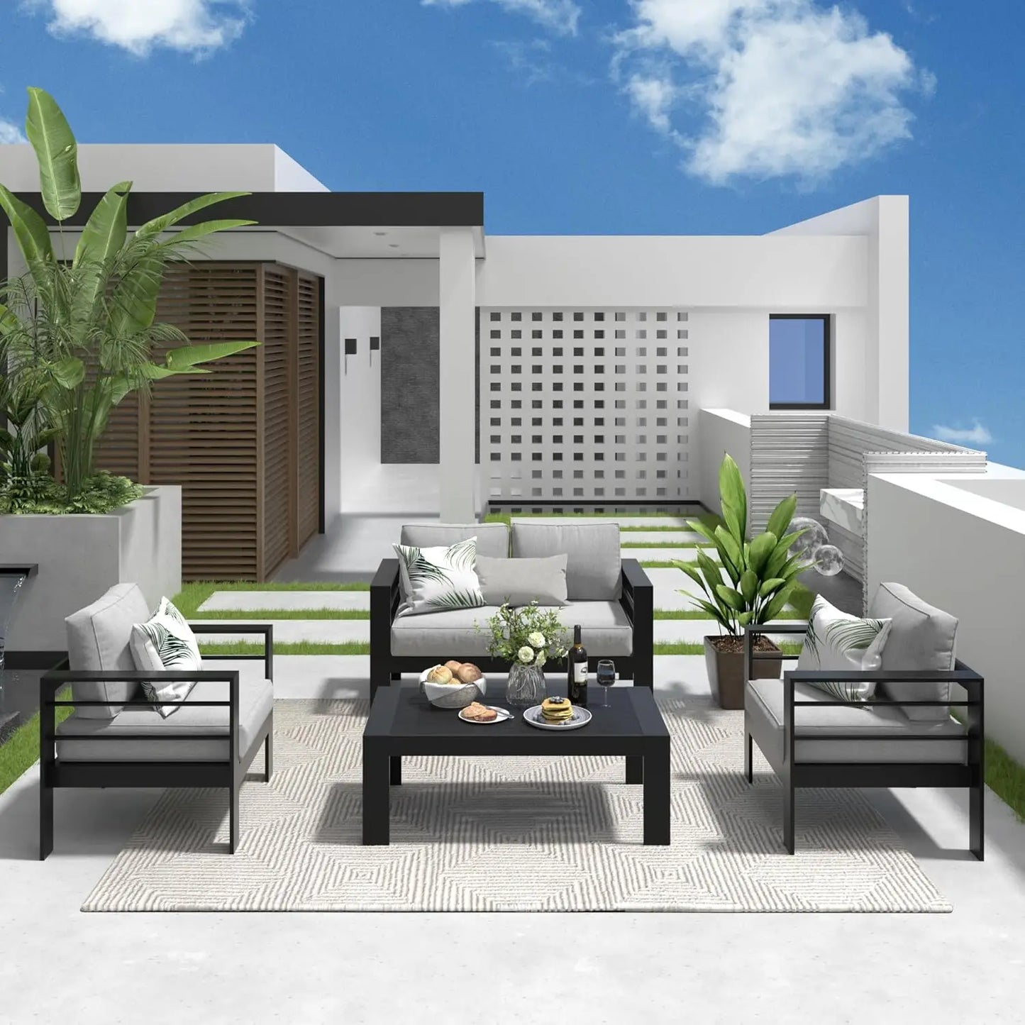 Seats Modern Outdoor Conversation Set Couch Sofa with Upgrade Cushion and Coffee Table, White
