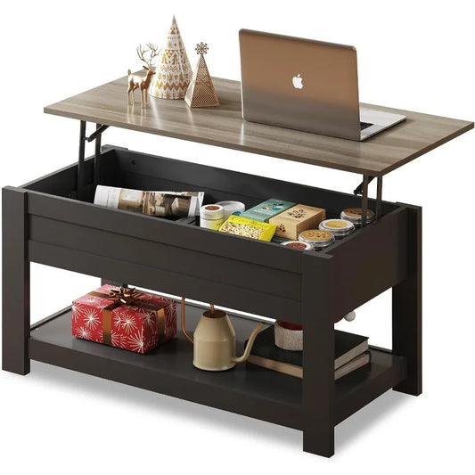 Modern Lift Top Coffee Table, Rustic Coffee Table with Storage Shelf