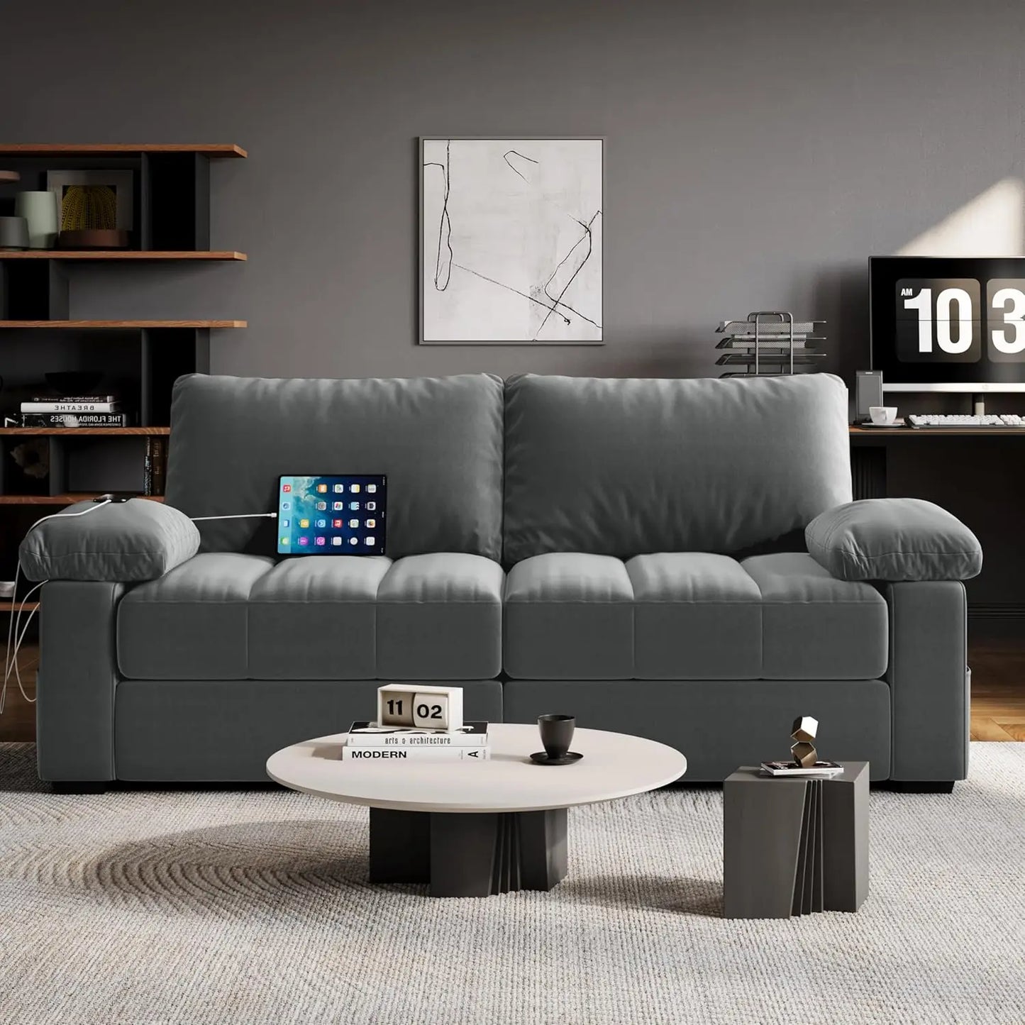 Velvet Living Room Sofa, Modern Recliner Couch with Pocket Coils Storage Pockets