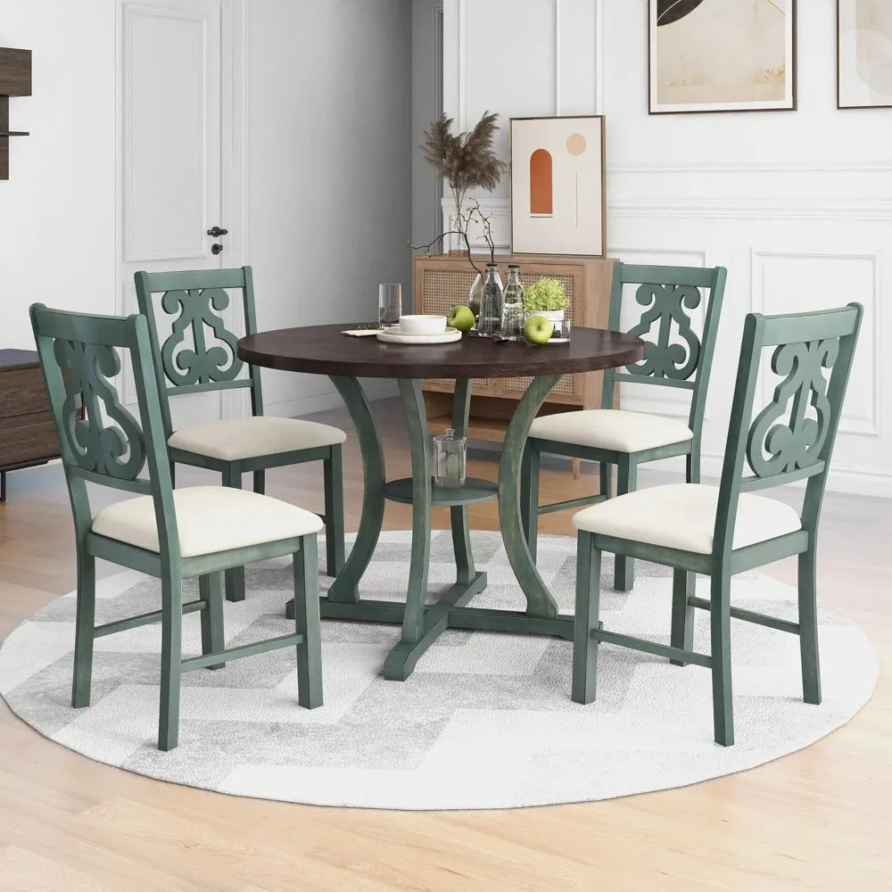 Round Dining Table and Chair Set, Round Table with Shelf