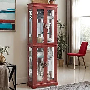 Lighted Glass Display Case, Wooden Wine Bar Cabinet with 6 Adjustable Shelves, Tempered Glass Doors,