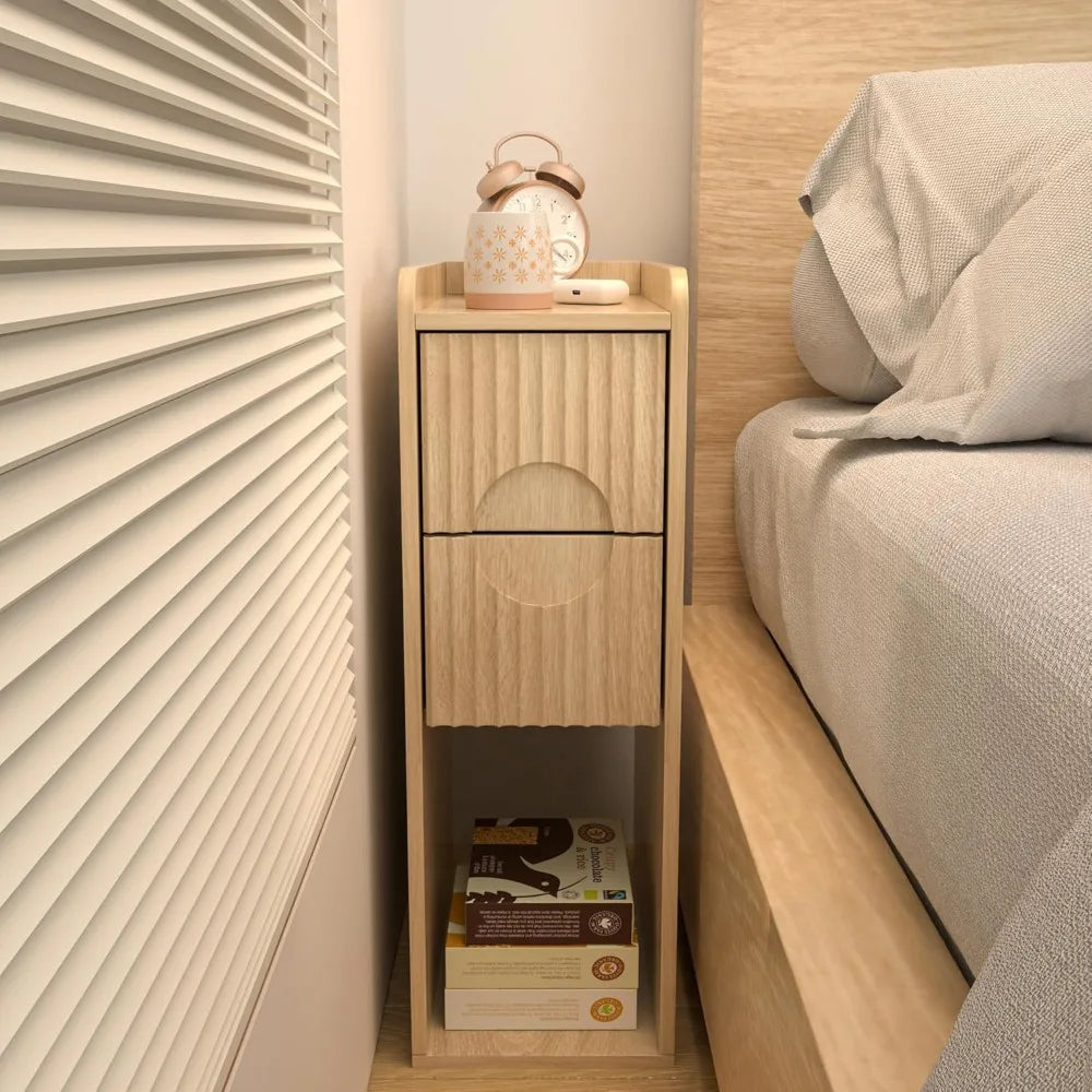 Small Fluted Nightstand Set of 2, Wood 2 Drawer , Slim Side Table, Natural Wood Night Stand with