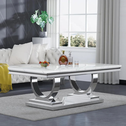 Coffee Table, Modern White Faux Marble Cocktail Table, with Silver Mirrored Finish U-Shape Stainless Steel Base