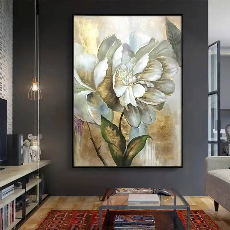 Abstract White Golden Flower Oil Canvas Painting Nordic Posters and Prints Wall Art Pictures for Living Room Home Decor No Frame