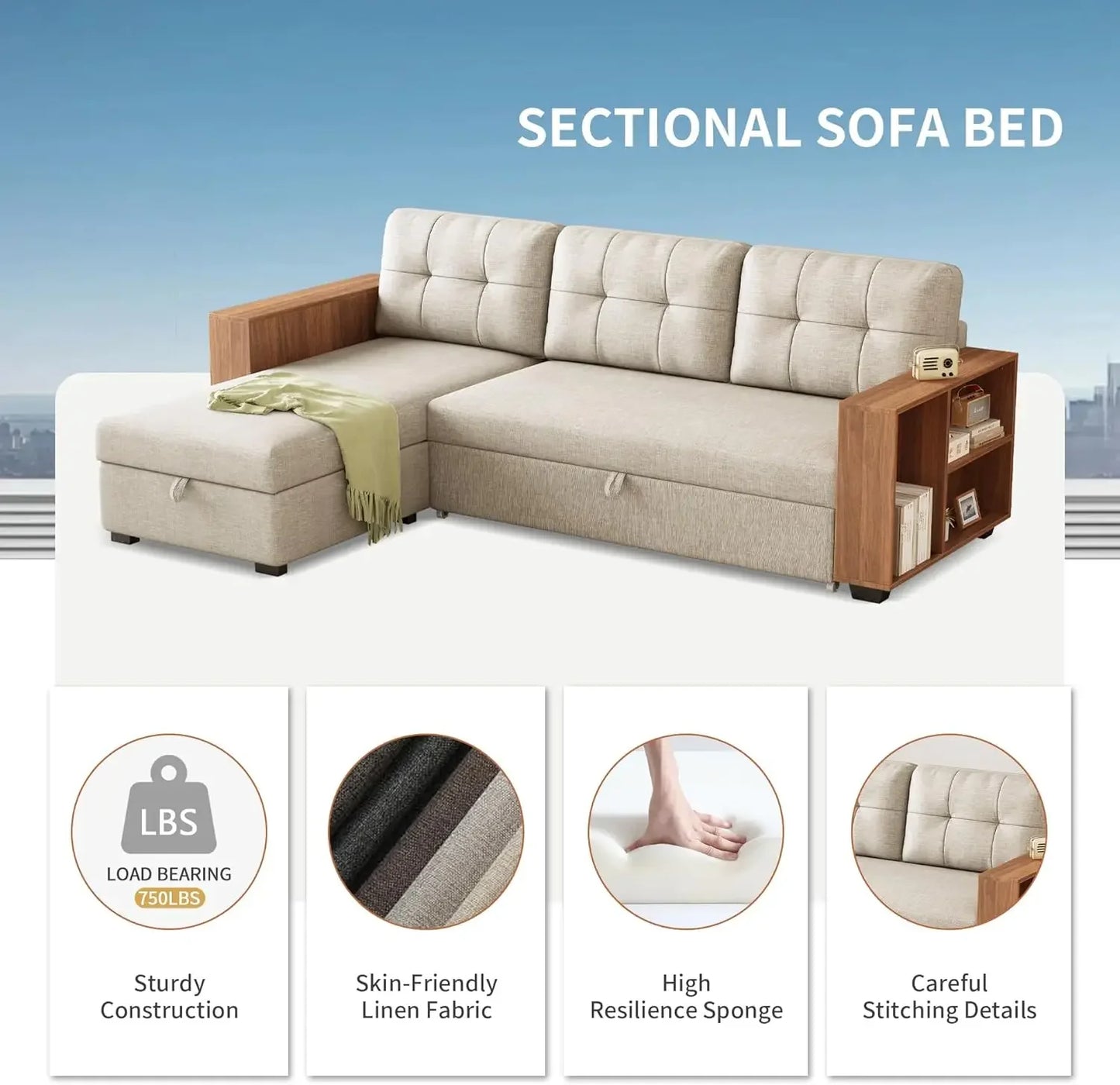 Shaped Pull Out Couch Bed with Storage Chaise, Convertible Sectional Sleeper Sofa