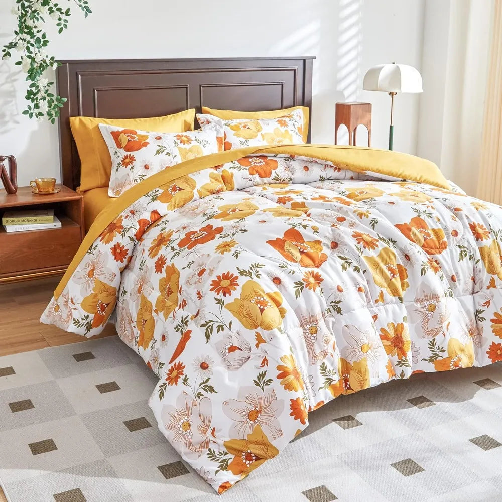 Orange Bed in A Bag 7 Pieces, Comforter Sheet Set, Microfiber Bedding Set, Queen