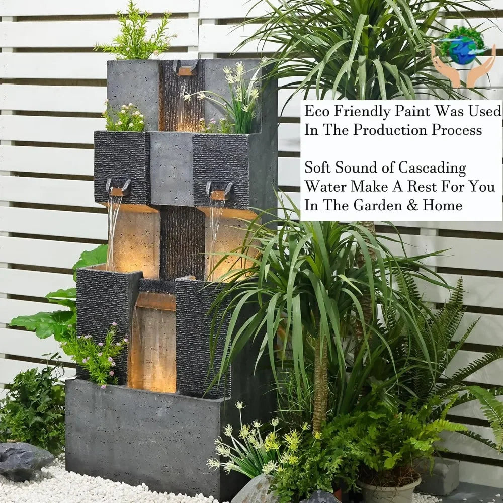 Garden Fountain Outdoor Garden, Terrace, 3 Floor Modern Cascade Outdoor Waterfall Fountain with Lights