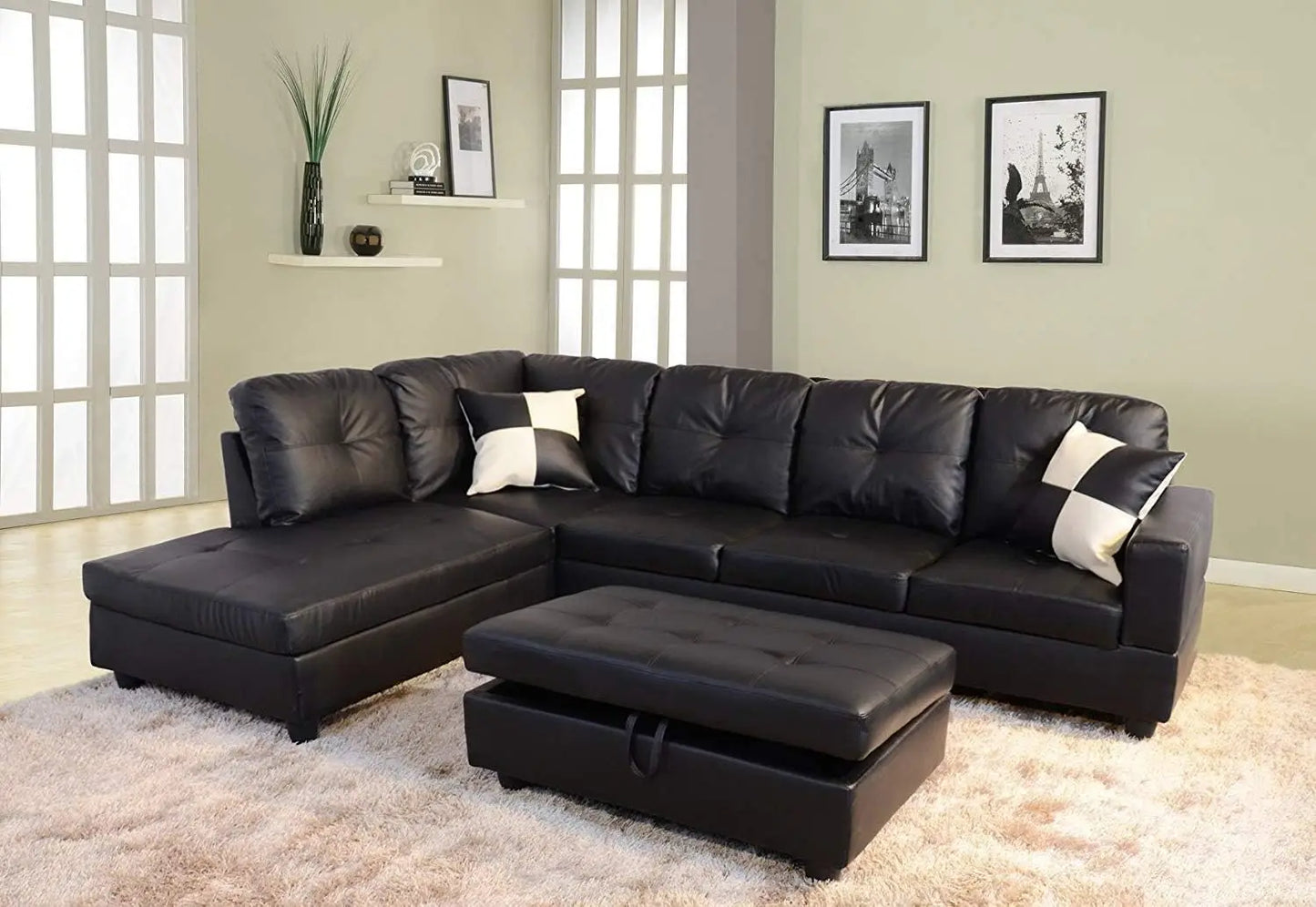 Sofa Sectional Sofa, L-Shape Faux Leather Sectional Sofa Couch Set with Chaise, Ottoman, 2 Toss Pillow Using