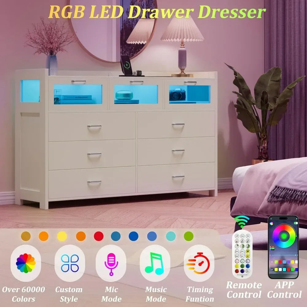 Dresser, LED Light with Charging Station, Storage Cabinet, 9 Drawer