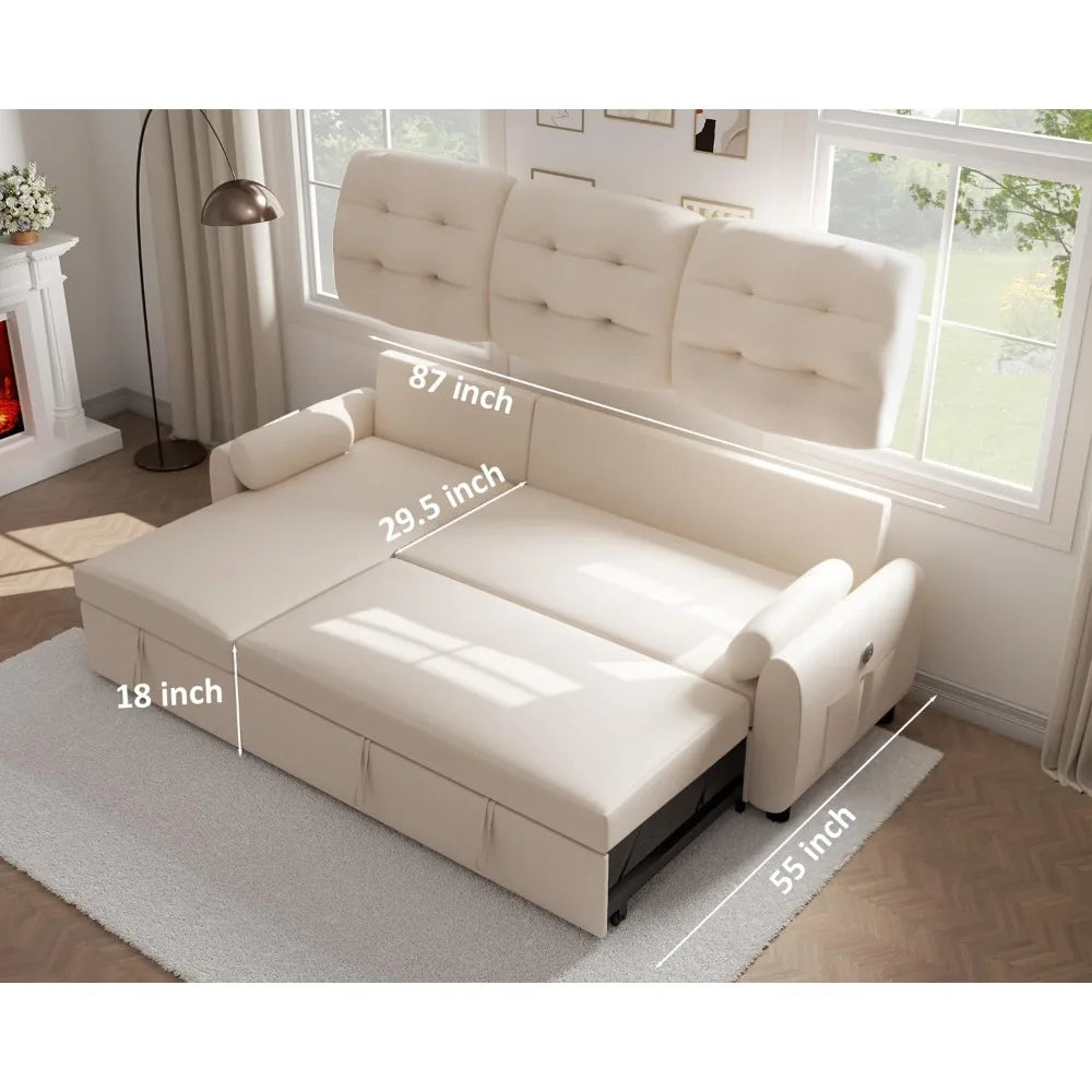 Sectional Sofa Couch, Sleeper Sofa Bed with Reversible Storage Chaise Pull Out Couch for Living Room  Side Pocket
