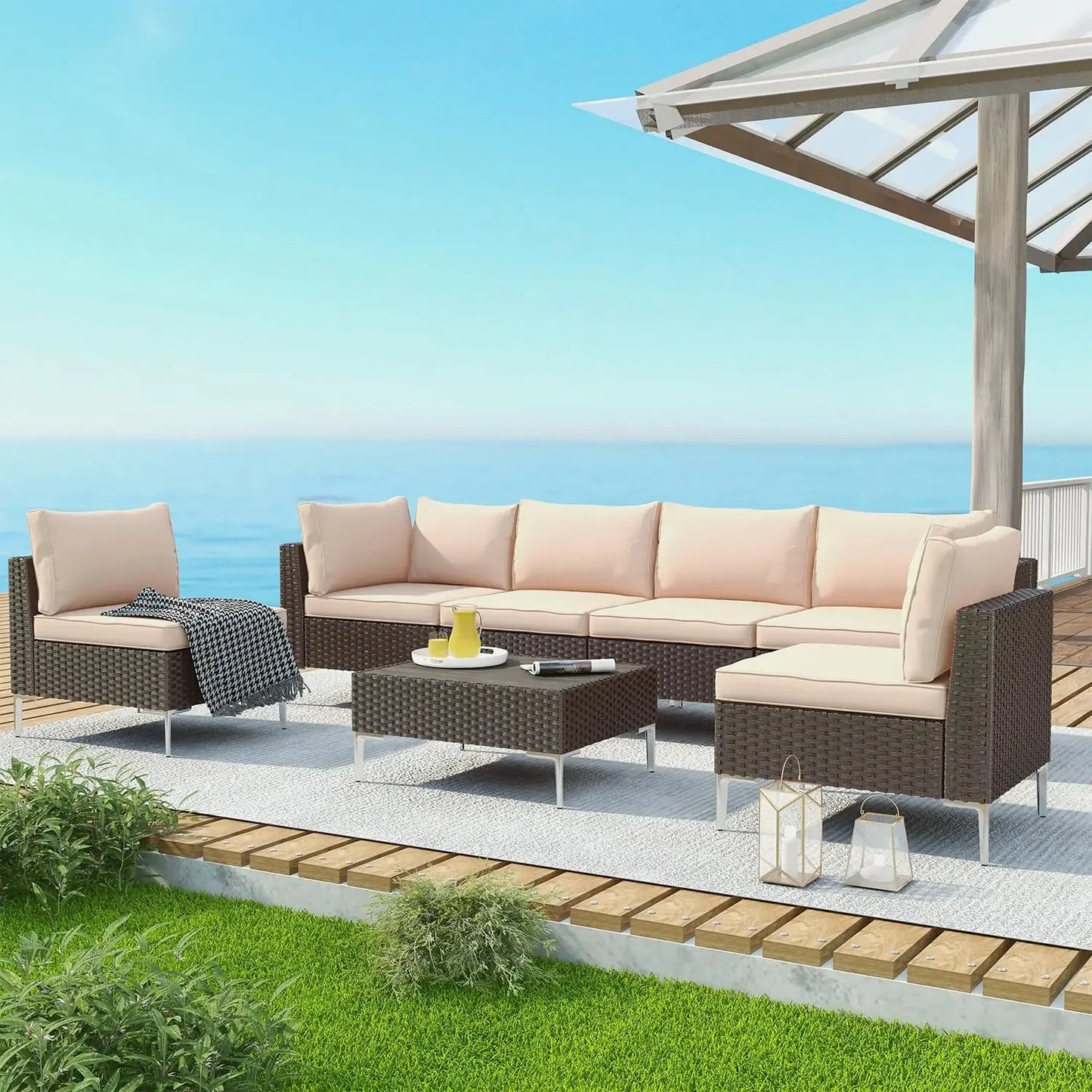 Outdoor Courtyard Furniture Set, 7-piece Outdoor Combination Sofa PE Rattan Willow Courtyard Reception Set