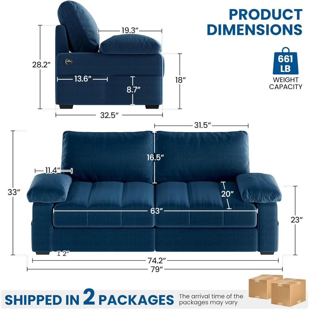 Velvet Living Room Sofa, Modern Recliner Couch with Pocket Coils Storage Pockets