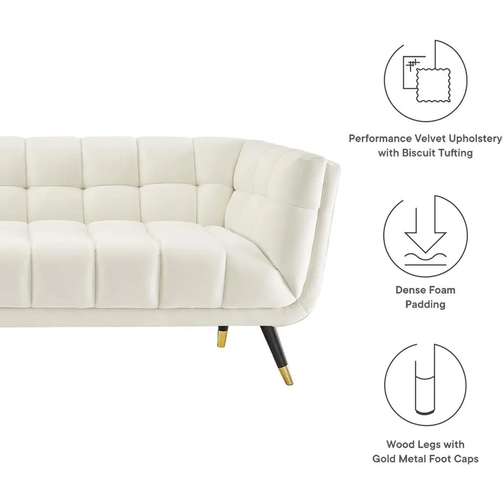 Adept Contemporary Mid-Century Modern Performance Velvet Upholstered Tufted Sofa in Ivory