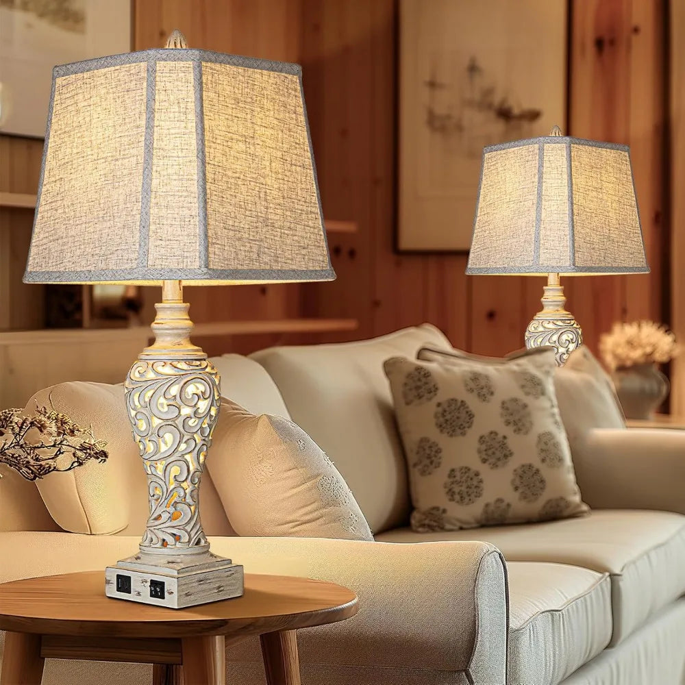 Table Lamps Set of 2 - Bedside Lamp with Fabric Shades - for Bedroom and Living Room with USB and Nightlight
