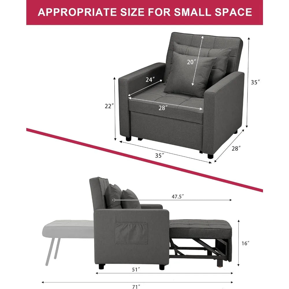 Convertible Chair Sleeper Bed, Futon Chair Turns Into Bed, Sofa Chair , Deep Gray