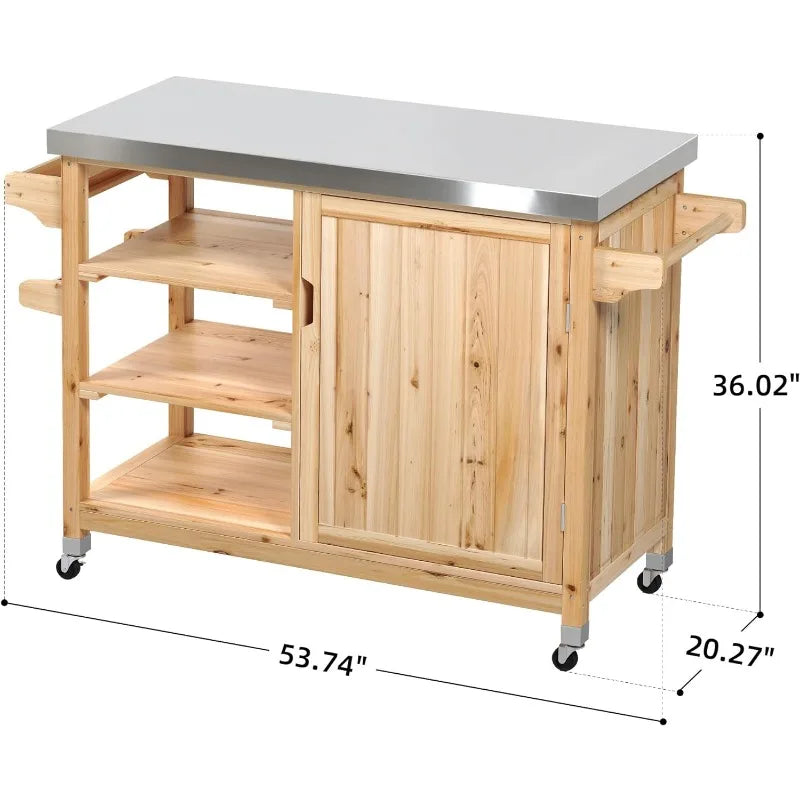 Outdoor Table and Storage Cabinet Solid Wood Movable Grill Table with Stainless Steel Top