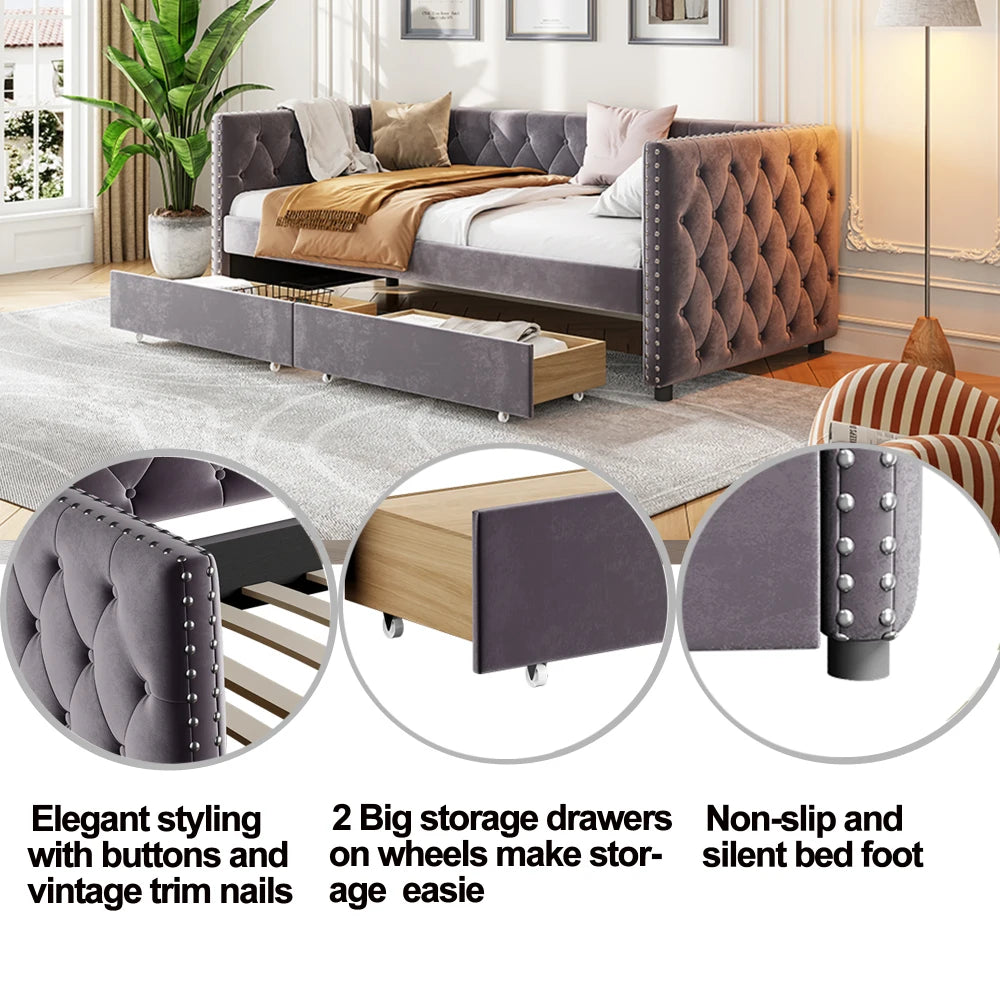 Modern velvet upholstered sofa bed with button tufted sofa bed frame with double drawers,