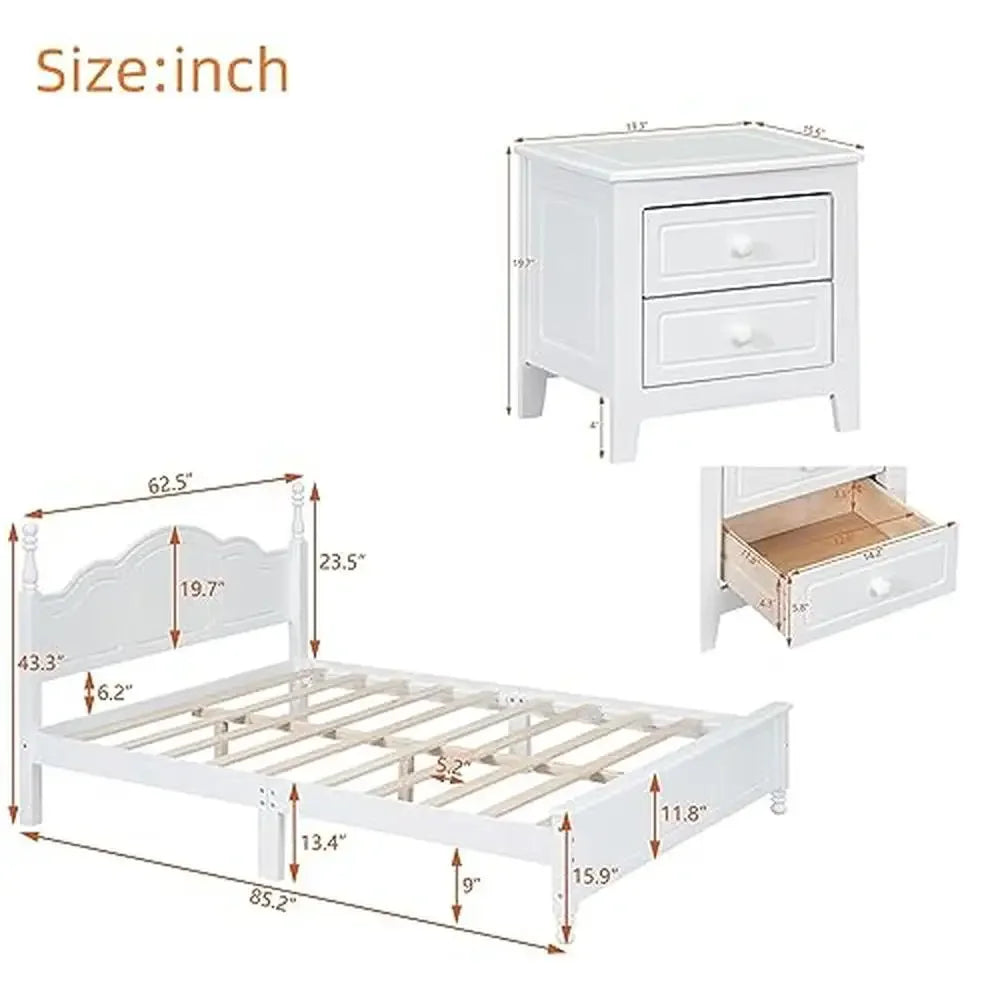 Retro Style Queen Size Platform Bed Set with Wooden Headboard & Nightstands Solid Pine Construction Bedroom Furniture Kit Cozy