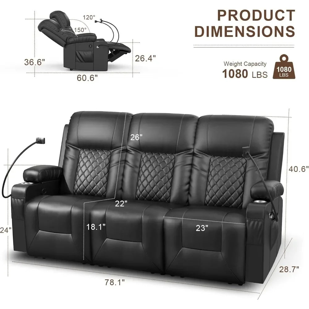 Recliner Sofa, Reclining Sofa 3 Seats Dual Recliner, PU Leather Recliner Couch, Modern Recliner Chair for Living Room