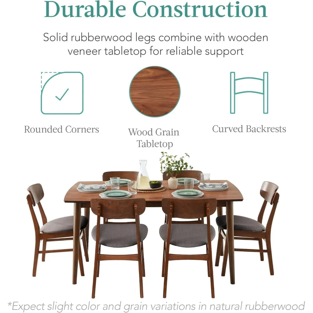 7-Piece Wooden Dinings Set, Mid-Century Modern Table & Upholstered Chair