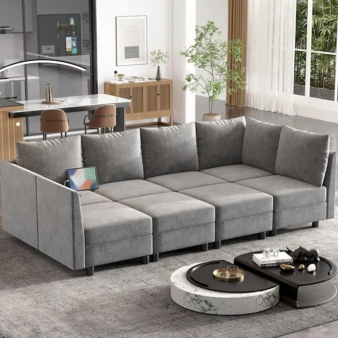 Sectional Sleeper Sofa, 8 Seats Modular Convertible Sofa Bed Couch with Storage Ottomans, with Charging Station