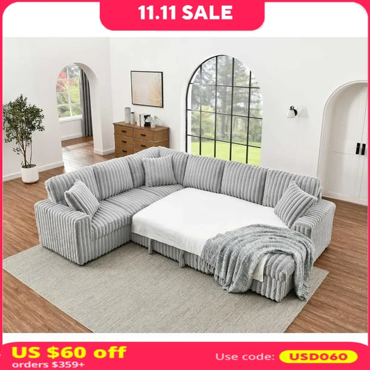 Sofa Couch Chunky Furry Corduroy Sofa with Storage Chaise and Charging Ports Pull Out Sofa Bed