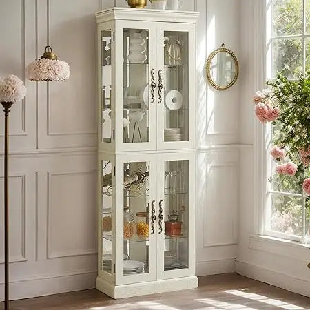 Lighted Glass Display Case, Wooden Wine Bar Cabinet with 6 Adjustable Shelves, Tempered Glass Doors,