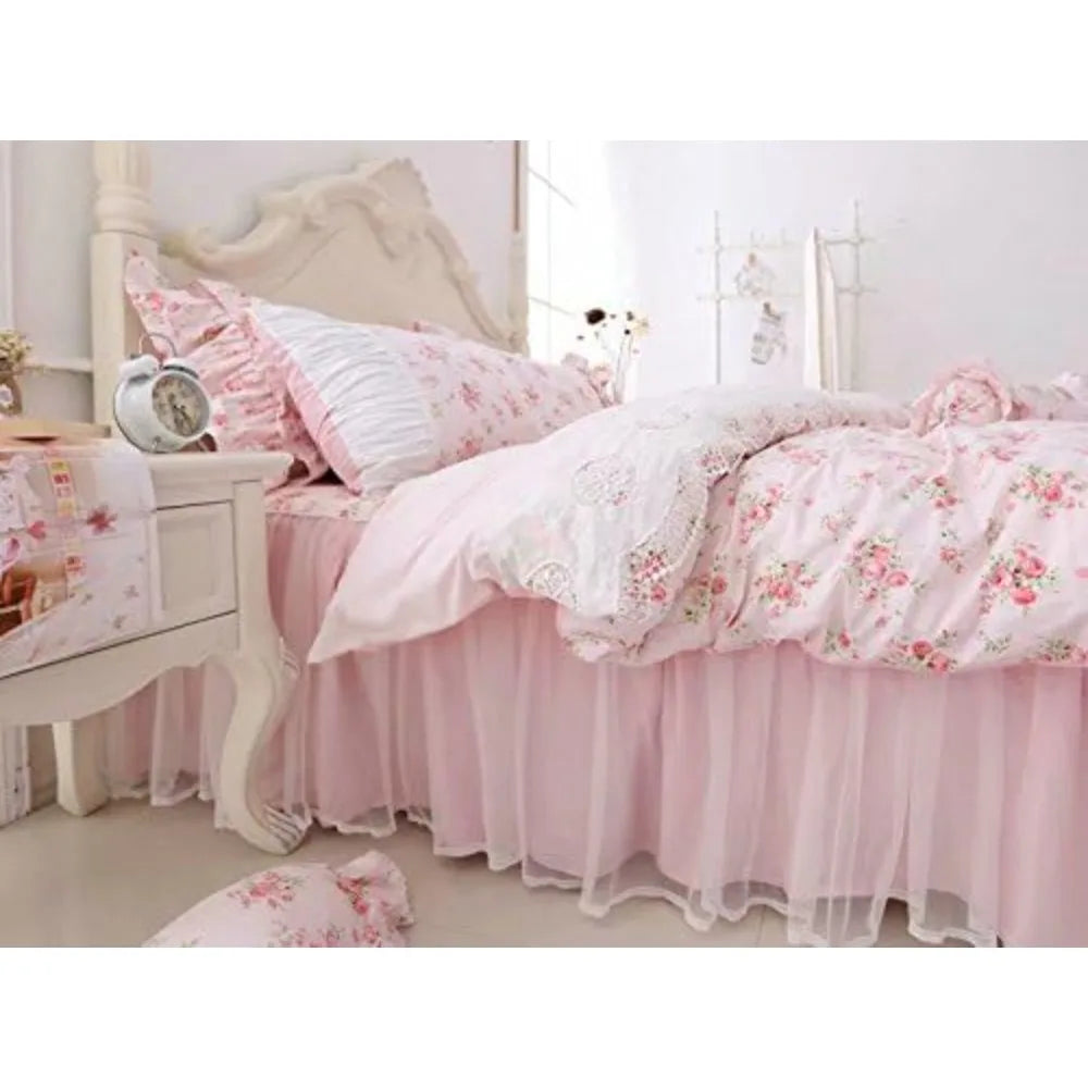 LELVA Romantic Roses Print Duvet Cover Set with Bed Skirt Pink Lace Ruffle Floral