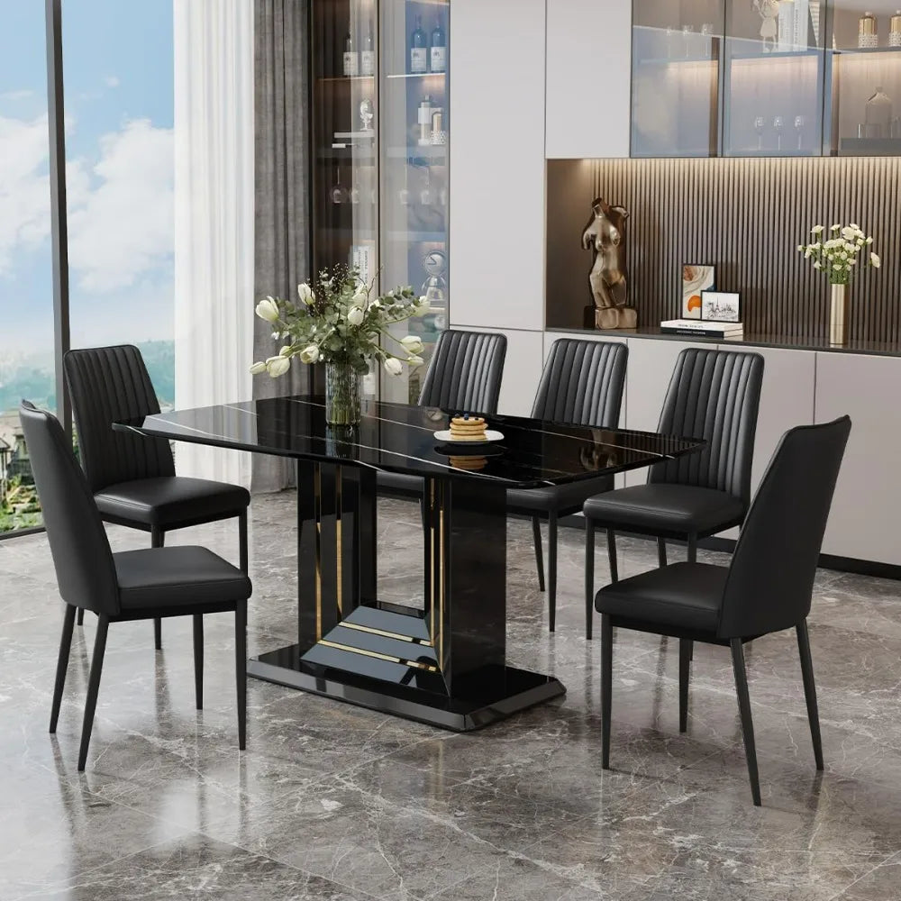 Table and Chairs for 6, Black Faux Marble Pattern Table with 6 Dining Chairs Suitable for Kitchen Sets