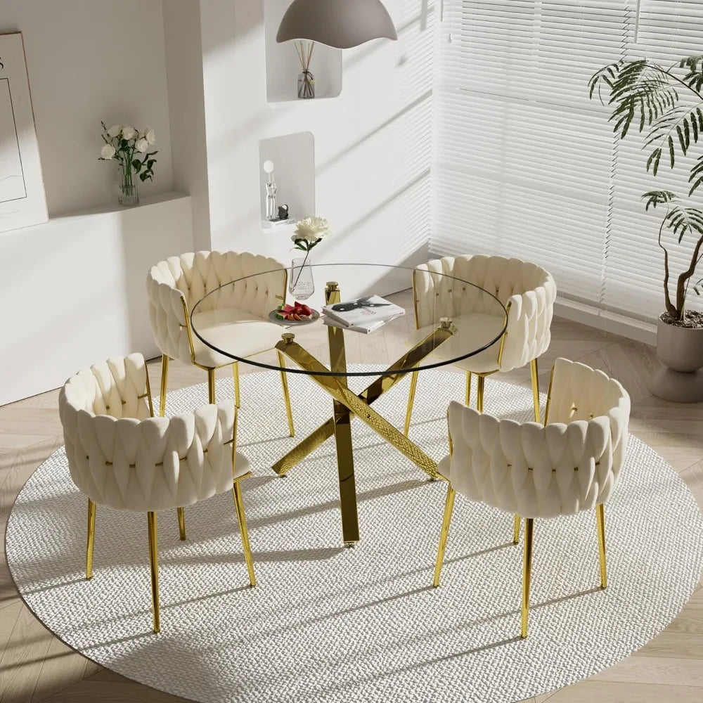 Dining Table Set for 4 with Grey Woven Dining Chair, 5 Pieces Minimalist Modern Round Glass Dinner Room Table Set