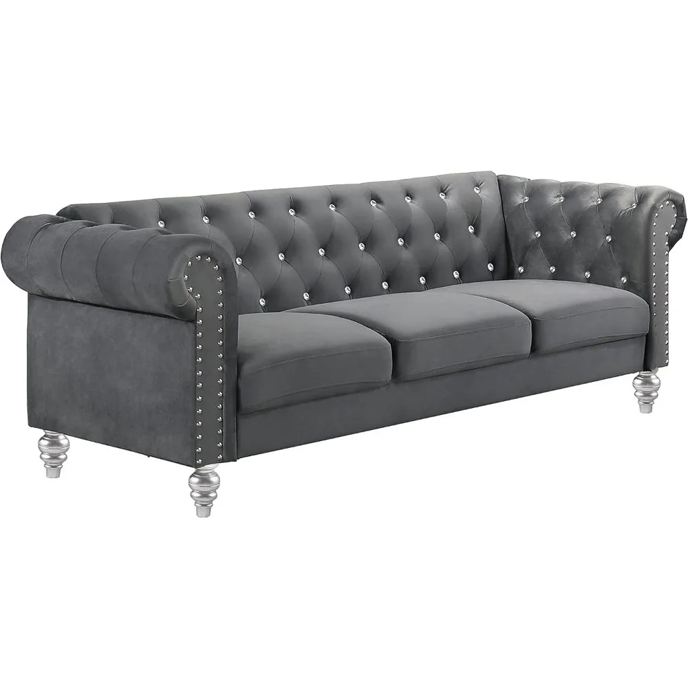 living room sofas Glam Emma Velvet Three Seater Chesterfield Style Sofa for Small Spaces with Crystal Button Tufts sofas