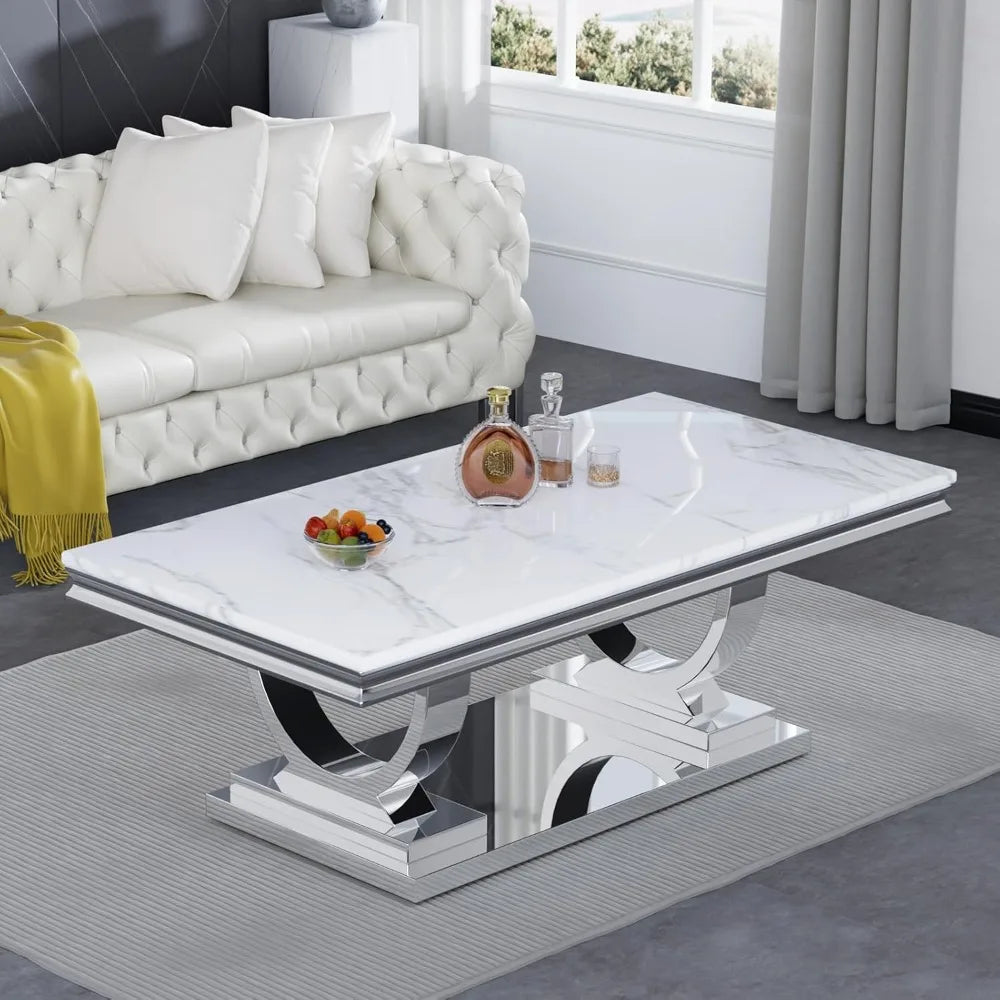 Coffee Table, Modern White Faux Marble Cocktail Table, with Silver Mirrored Finish U-Shape Stainless Steel Base