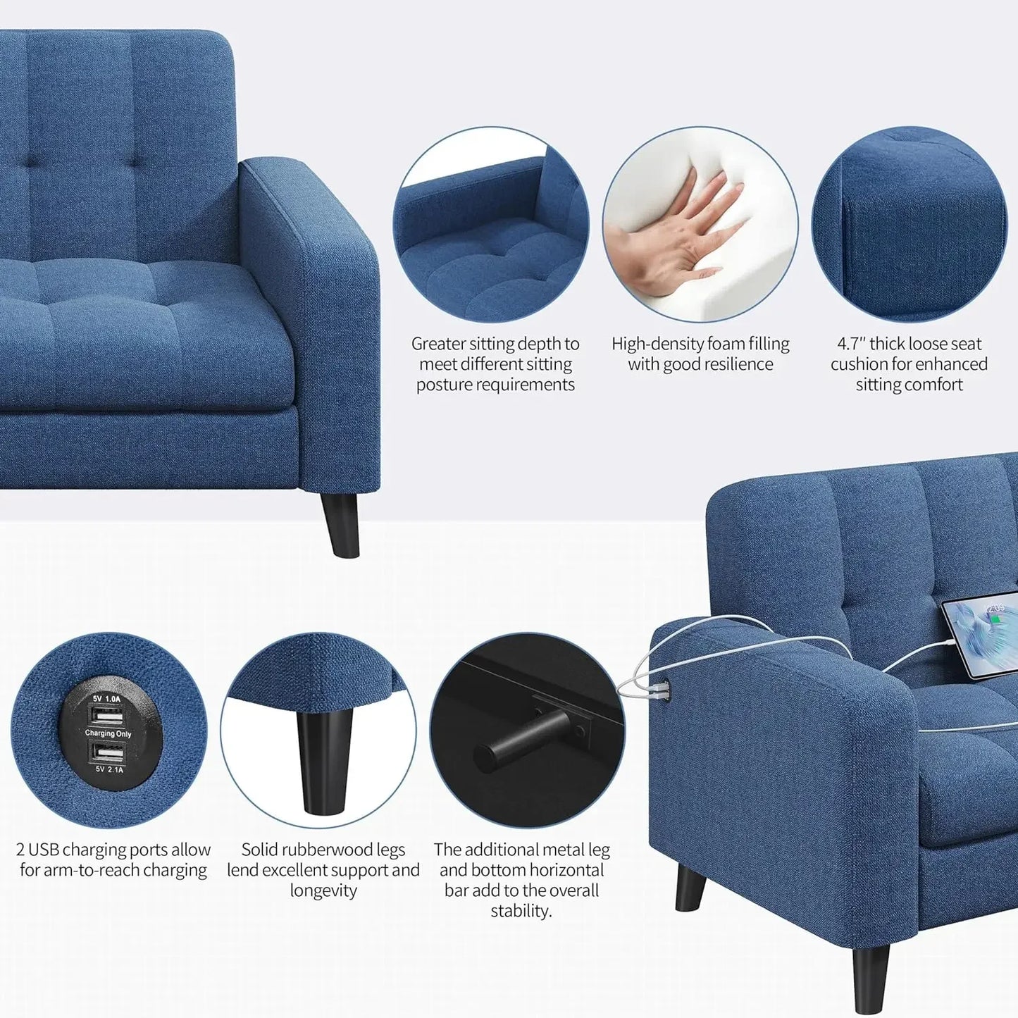 Sofas with USB Ports Modern 65″  Small Couch with Solid Wood Legs for Living Room